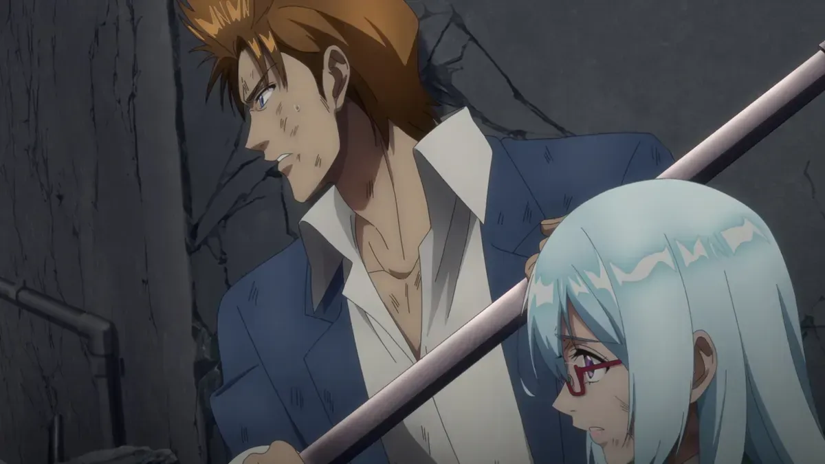 A young man with spiky orange hair grips a metal pole and looks over his shoulder while a girl with pale blue hair and red glasses crouches beside him against a cracked wall, in a still from Psyren episode 2