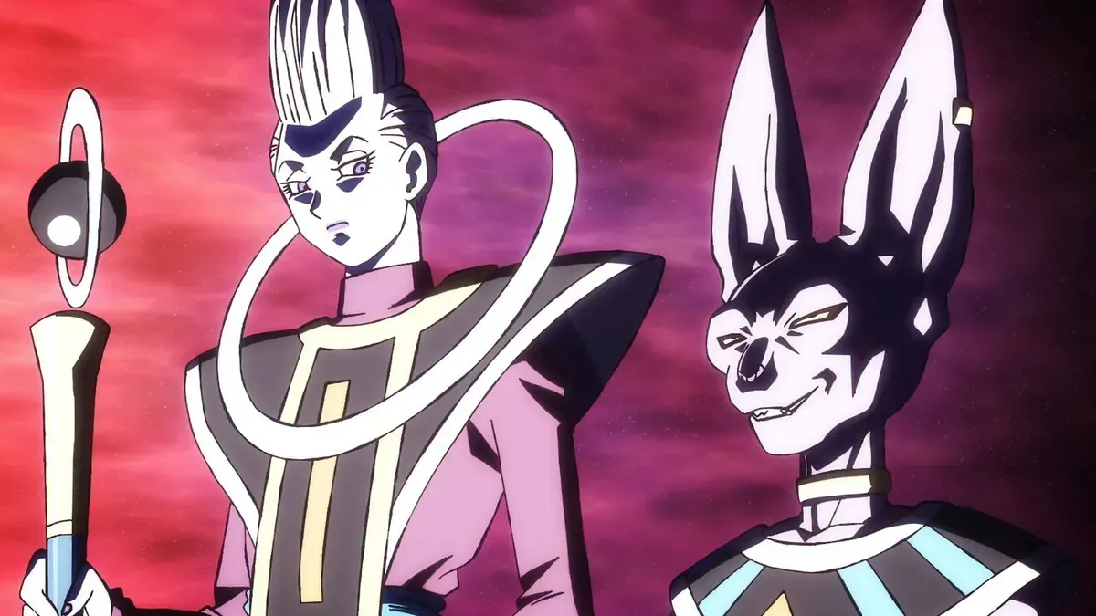 Whis holds his staff and looks down while Beerus grins beside him against a red and purple sky, in a still from Dragon Ball Super: Beerus episode 1