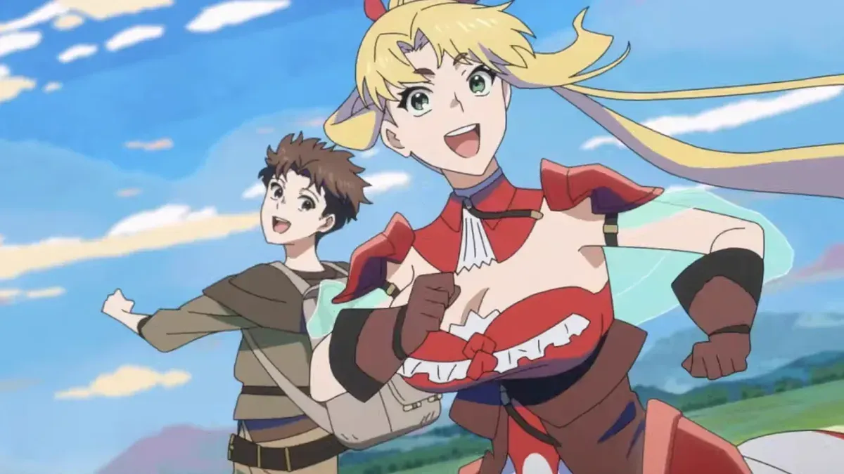 A blonde woman in red armour runs across a grassy field with a brown-haired young man close behind her, in a still from The Laid-Off Cheat-Granting Mage Enjoys a Second Lease on Life