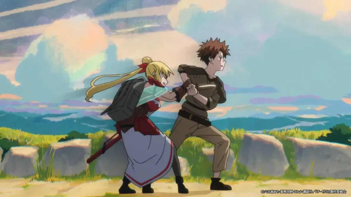 A blonde girl with long twin tails and a large pack grips the arm of a brown-haired young man as they hurry along a grassy path under a pastel sky, in a still from The Laid-Off Cheat-Granting Mage Enjoys a Second Lease on Life episode 2
