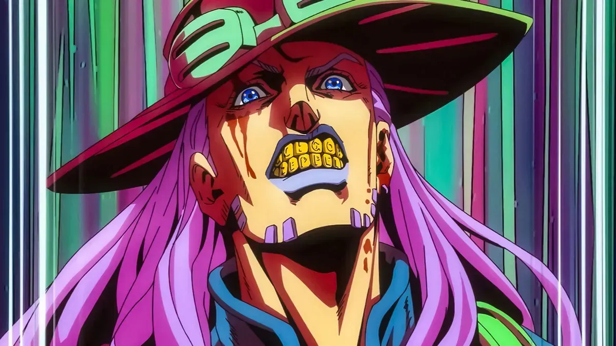 A man with long pink hair and a wide green-trimmed hat grits gold teeth as blood runs down his face against streaks of green and purple light, in a still from Steel Ball Run: JoJo's Bizarre Adventure episode 5
