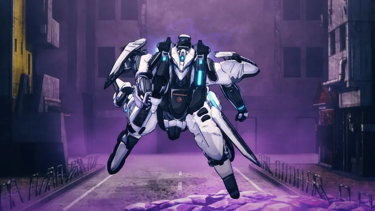 A white and grey mech with glowing blue lights strides down a ruined city street lit in purple, in a still from DARK MACHINE THE ANIMATION episode 1