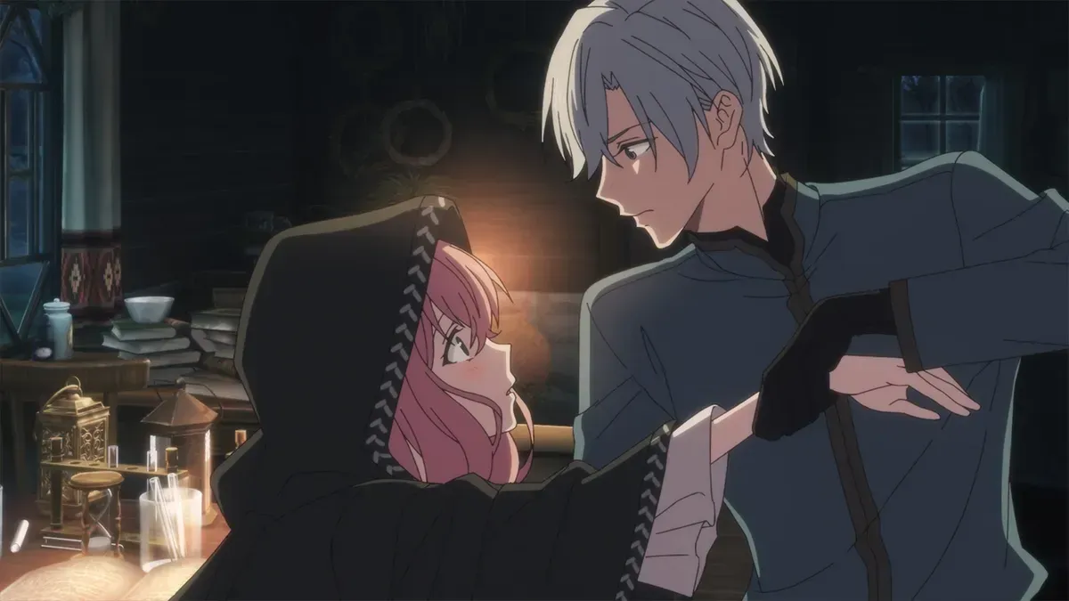 A silver-haired man in a blue uniform holds the arm of a pink-haired girl in a black hooded robe beside a table of potion bottles in a dim, lamp-lit room, in a still from Hello, I Am a Witch and My Crush Wants Me to Make a Love Potion! episode 2