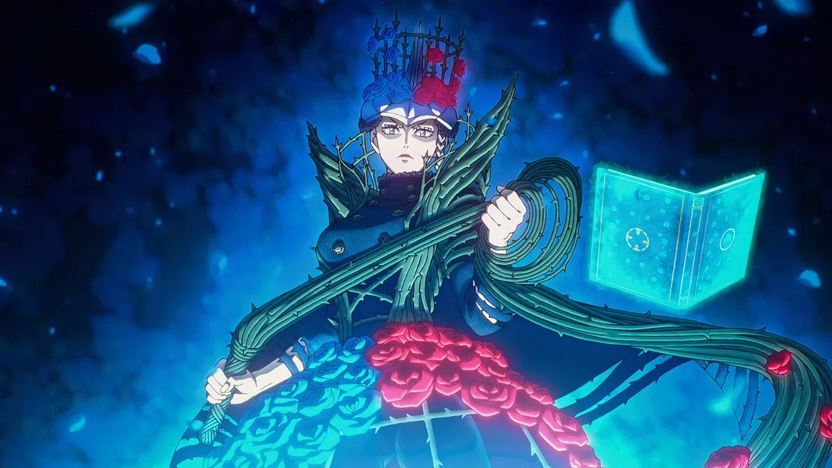 Charlotte stands in a gown of red and blue roses with a crown of briars, holding thick thorned vines beside a glowing grimoire, in a still from Black Clover season 2, episode 2
