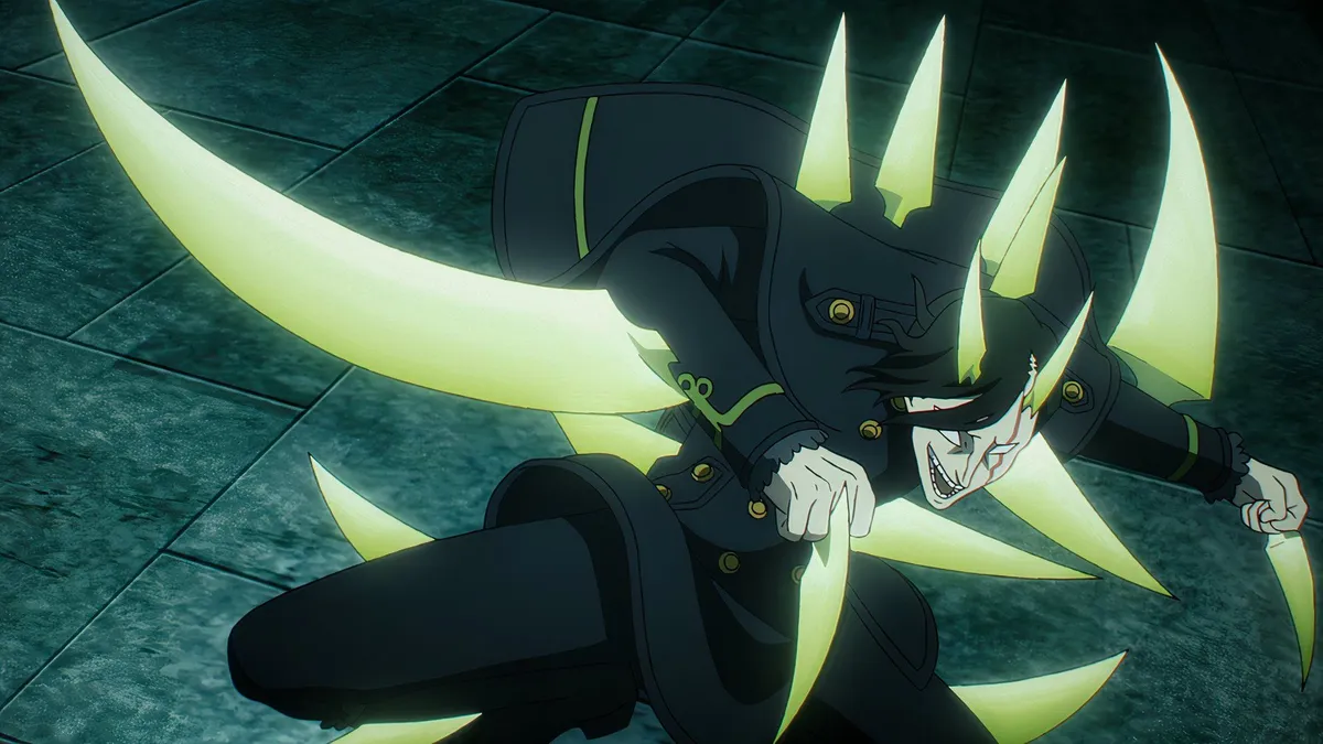 Jack the Ripper crouches low and grins with long glowing blades growing out of his arms and back, in a still from Black Clover season 2, episode 2