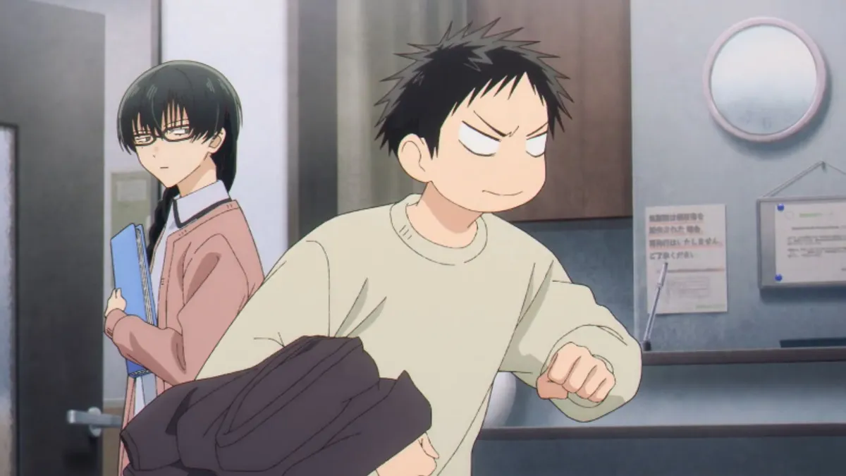 Taiki walks out of a clinic reception with a determined face while Yumeka, in glasses and a pink cardigan, watches from behind holding a folder, in a still from Blue Box season 2, episode 2