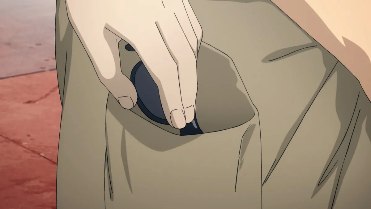 A hand slips a pair of dark sunglasses into the pocket of someone's beige trousers, in a still from DARK MACHINE THE ANIMATION episode 1