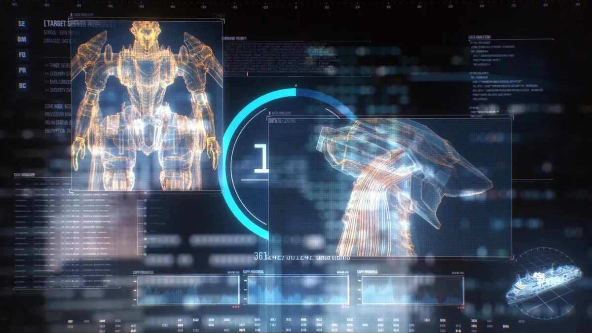 A glowing holographic display shows wireframe outlines of a mech and its weapon on a dark blue screen covered in data, in a still from DARK MACHINE THE ANIMATION episode 1