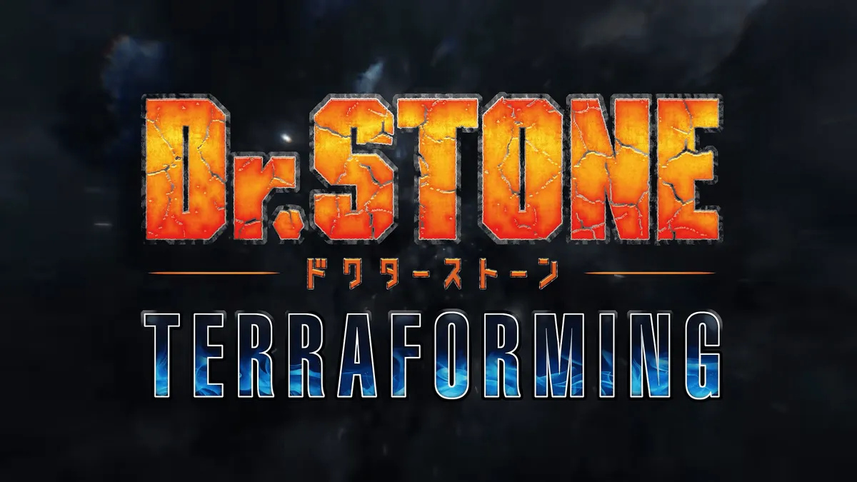 The cracked orange Dr. Stone logo above the word Terraforming in electric blue letters on a dark, stormy background, in the title card from the Dr. Stone Terraforming announcement trailer