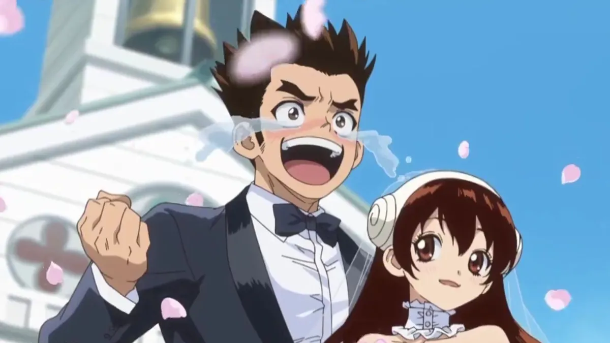 A crying, cheering groom in a black suit beside a smiling bride in a white headpiece, with cherry blossom petals falling in front of a white chapel, in a still from the final episode of Dr. Stone: Science Future