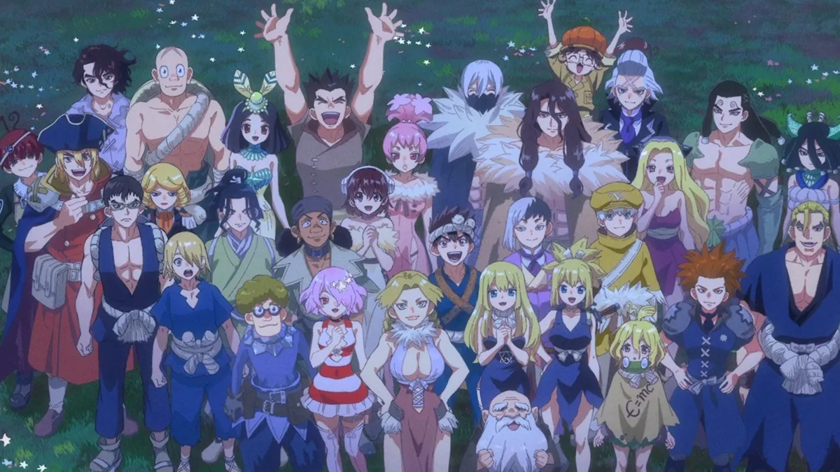 Dozens of characters from across the series stand together on grass at night, waving and smiling at the viewer, in a still from the final ending sequence of Dr. Stone: Science Future