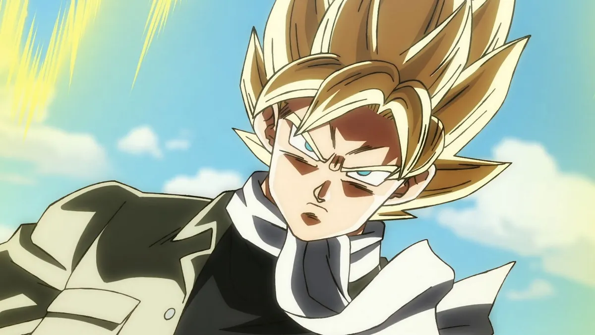 Goku as a Super Saiyan in farming clothes with a white scarf looks down under a blue sky, in a still from Dragon Ball Super: Beerus episode 1
