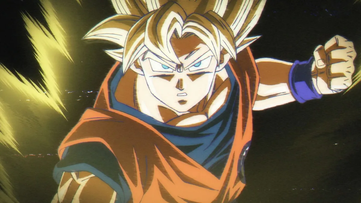 Super Saiyan Goku in his orange gi throws a punch against a dark background with a grainy, aged picture effect, in a still from Dragon Ball Super: Beerus episode 1