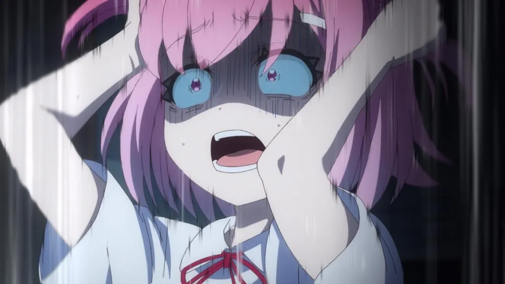 A girl with short pink hair and wide, terrified blue eyes clutches her head and screams under dark streaks of shadow, in a still from FX Fighter Kurumi-chan episode 3