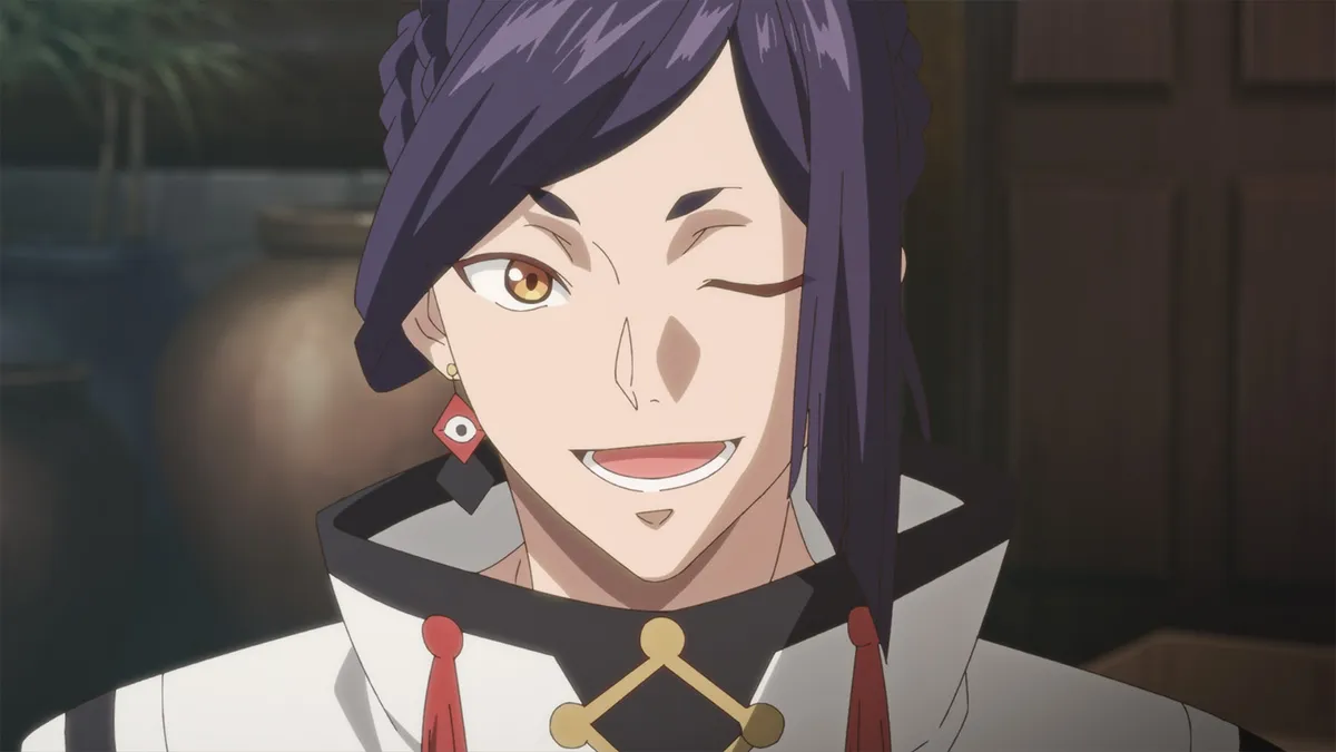 A man with long dark purple hair tied back, amber eyes and a white high-collared coat winks and grins, in a still from Hello, I Am a Witch and My Crush Wants Me to Make a Love Potion! episode 2