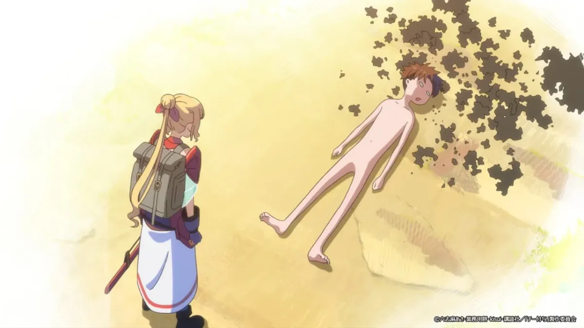 A blonde girl in armour and a long white skirt looks down at a brown-haired young man lying naked on pale sand as scraps of his clothing scatter in the air, in a still from The Laid-Off Cheat-Granting Mage Enjoys a Second Lease on Life episode 2