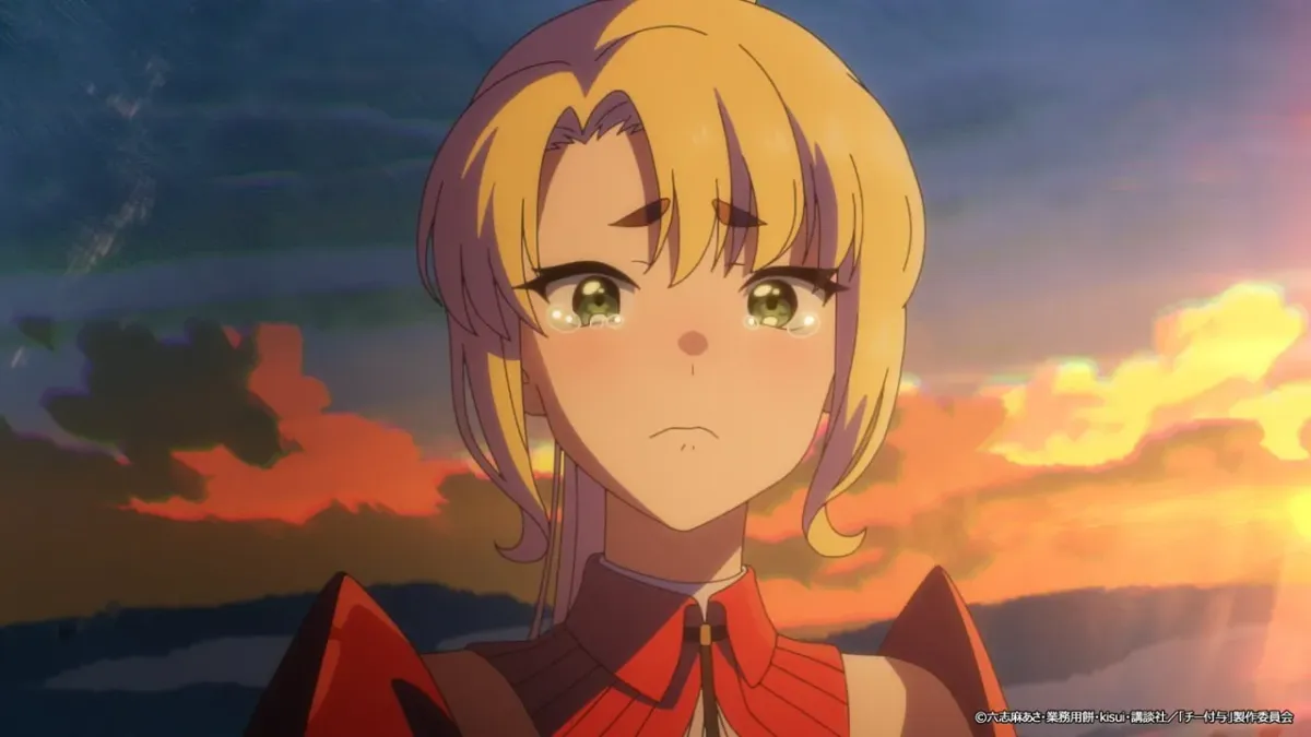 A blonde girl in a red outfit, her eyes full of tears, looks ahead against an orange sunset sky, in a still from The Laid-Off Cheat-Granting Mage Enjoys a Second Lease on Life episode 2