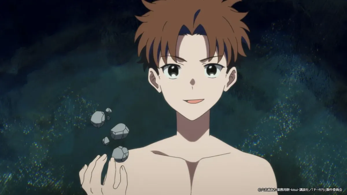 A shirtless young man with messy brown hair smiles and holds up a handful of small grey stones against a dark background, in a still from The Laid-Off Cheat-Granting Mage Enjoys a Second Lease on Life episode 2