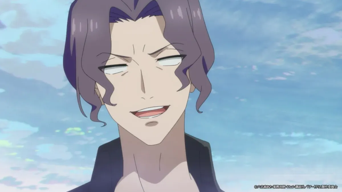 A man with wavy purple hair grins widely with narrowed eyes against a pale blue sky, in a still from The Laid-Off Cheat-Granting Mage Enjoys a Second Lease on Life episode 2