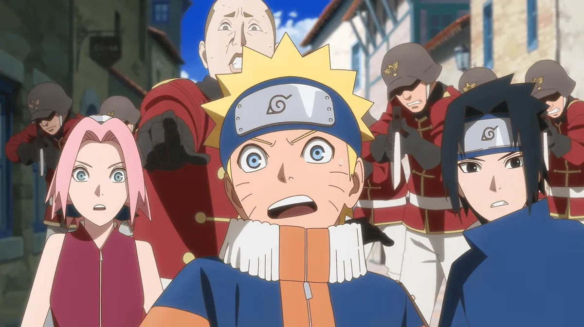 Young Naruto, Sakura and Sasuke look startled in a European-looking street while soldiers in red coats and steel helmets stand behind them, in a still from the Naruto x Ninku teaser trailer