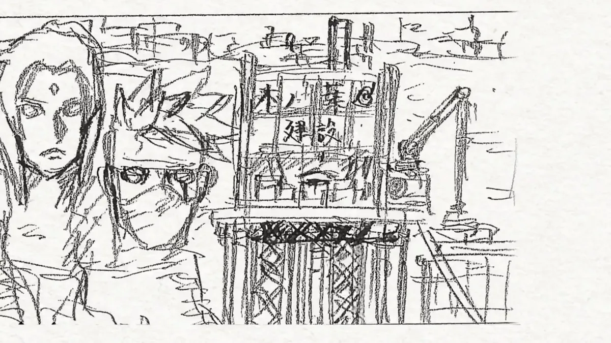 A rough pencil sketch of two stone faces on the Hokage monument beside a tower of scaffolding with a crane and a hand-lettered sign, in the teaser for Naruto: Shadow Rising