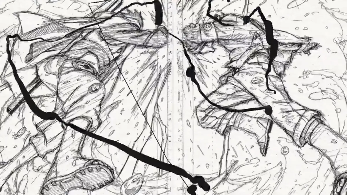 A rough pencil sketch of two figures crashing into each other in mid-air with fists and debris flying, in the teaser for Naruto: Shadow Rising