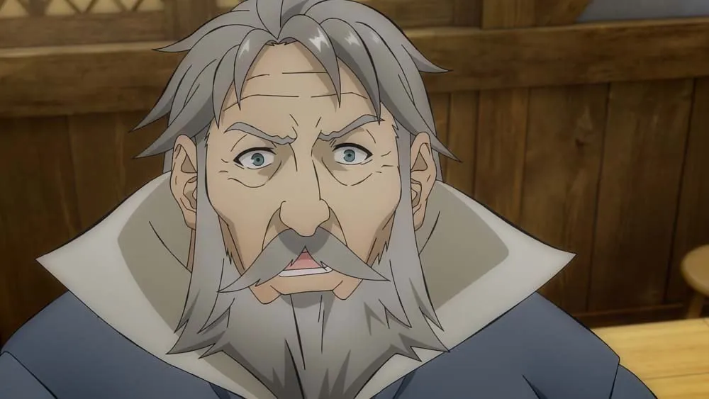 An old man with grey hair, thick eyebrows and a full beard leans forward and speaks in a wood-panelled room, in a still from Overgeared episode 3