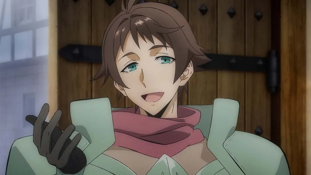 A young man with brown hair and green eyes, wearing a pale green coat and a red scarf, talks and gestures with a gloved hand in front of a wooden door, in a still from Overgeared episode 3