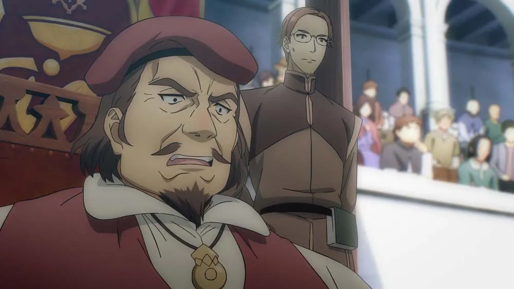 A scowling man with a goatee and a red beret sits in a carved chair while a man in glasses stands behind him and a crowd watches from the stands, in a still from Overgeared episode 3
