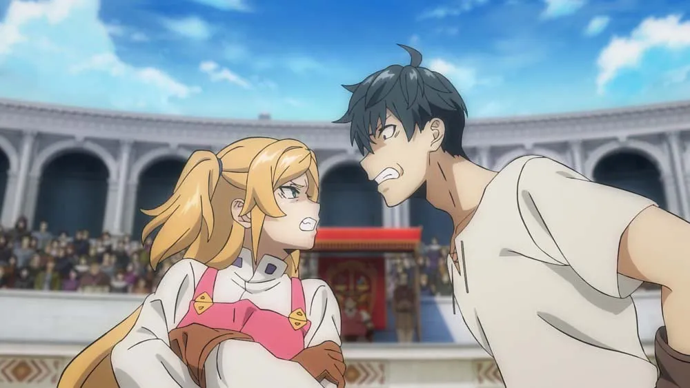 A girl with a long blonde ponytail and a dark-haired young man in a white shirt glare at each other nose to nose in an arena full of spectators, in a still from Overgeared episode 3