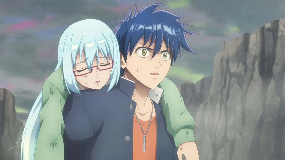 A boy with spiky dark blue hair carries an unconscious girl with long pale blue hair and red glasses on his back through a rocky wasteland, in a still from Psyren episode 2
