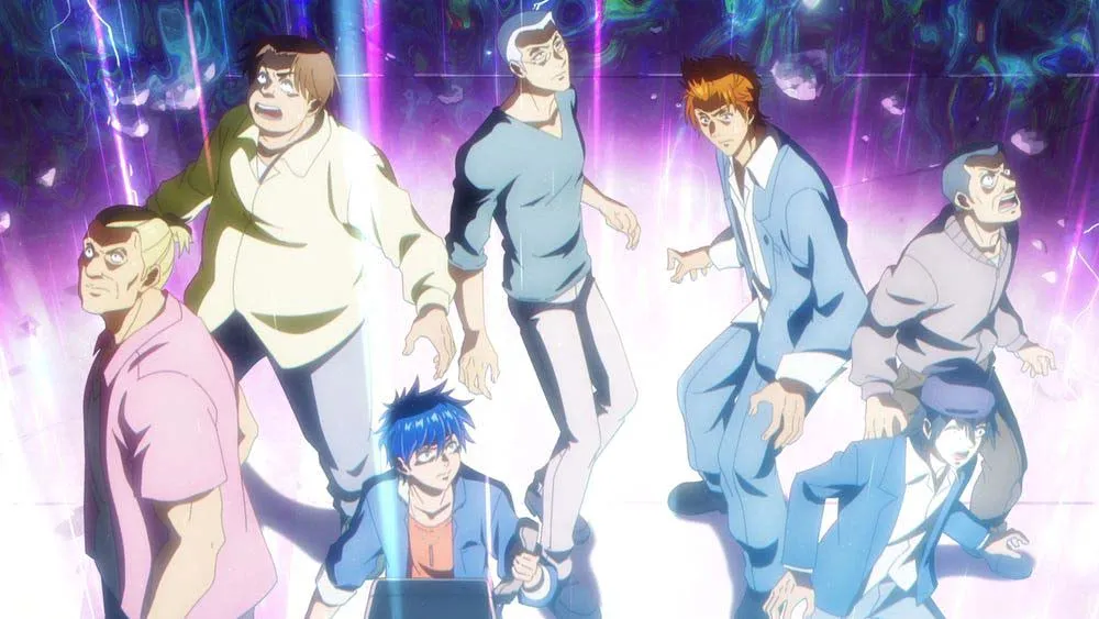 Seven people, including a boy with spiky blue hair and a tall man with orange hair, look up in alarm as purple light streams around them, in a still from Psyren episode 2