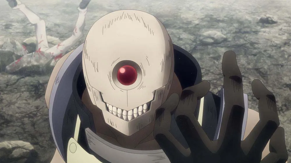 A pale creature with a single red eye and a fixed grin of bare teeth reaches a clawed hand towards the viewer while a body lies on the cracked ground behind it, in a still from Psyren episode 2