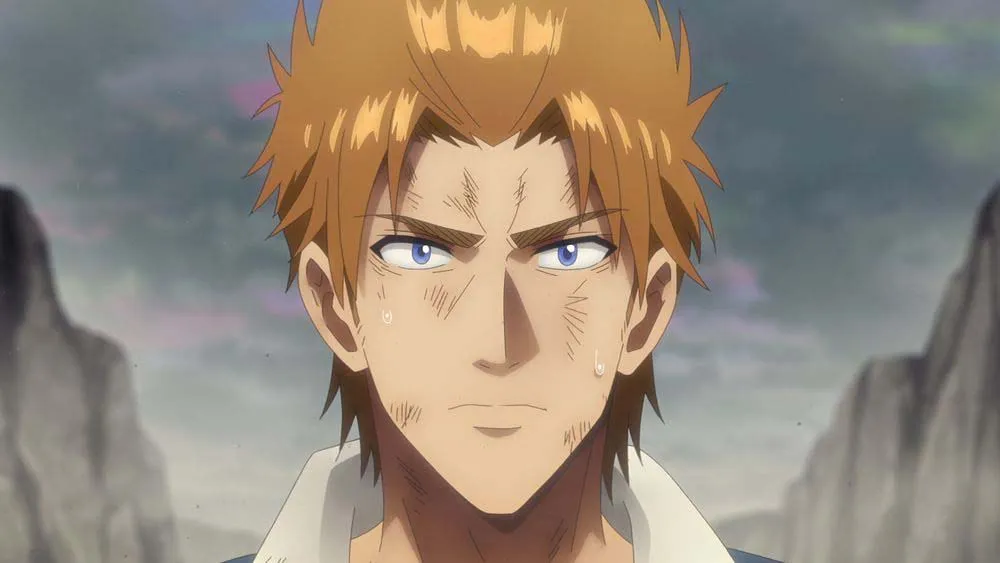 A young man with swept-back orange hair, a scuffed face and a white collar stares ahead with a stern expression under a grey sky, in a still from Psyren episode 2