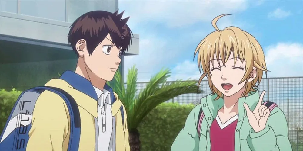 A dark-haired boy carrying a tennis bag looks at a cheerful blonde girl in a green jacket as they walk outside, in a still from Baby Steps