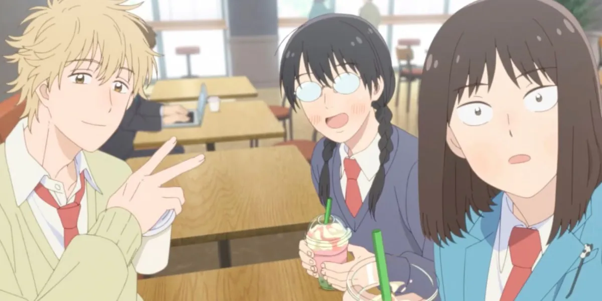 A blond boy makes a peace sign beside a girl in glasses holding a drink and a wide-eyed girl with a bob cut in a classroom, in a still from Skip and Loafer