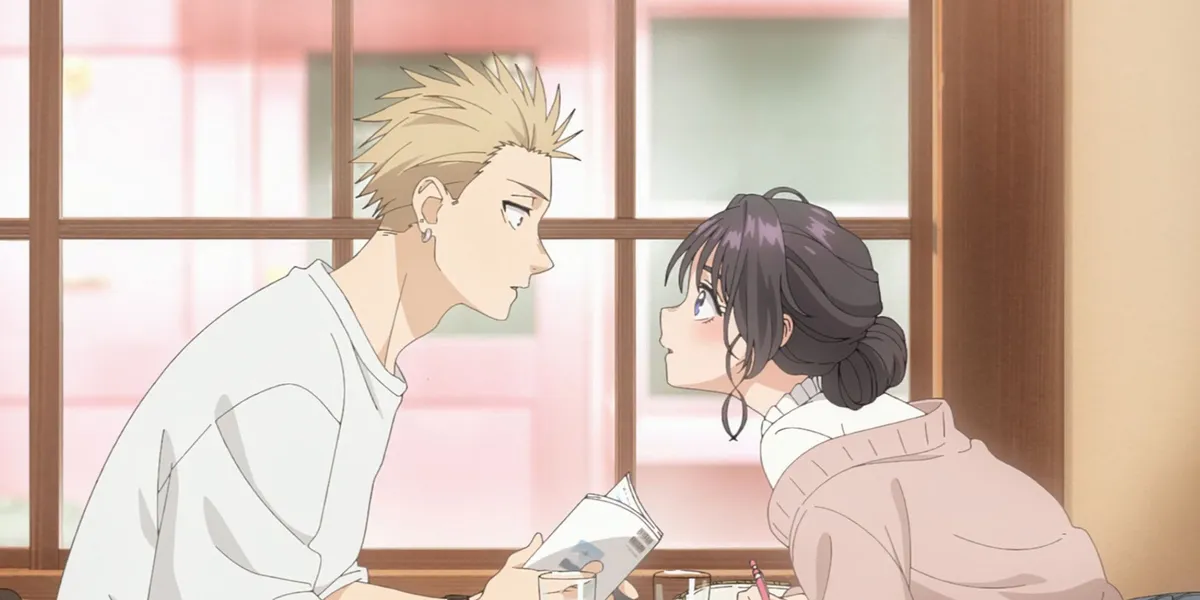 A tall boy with spiky blond hair leans down to look at a small dark-haired girl beside a sunlit window, in a still from The Fragrant Flower Blooms with Dignity