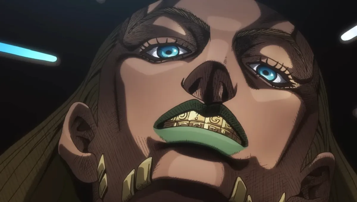 A man with long blond hair, heavy-lidded blue eyes, green lips and gold teeth carved with patterns stares down at the viewer from a low angle, in a still from Steel Ball Run: JoJo's Bizarre Adventure episode 5